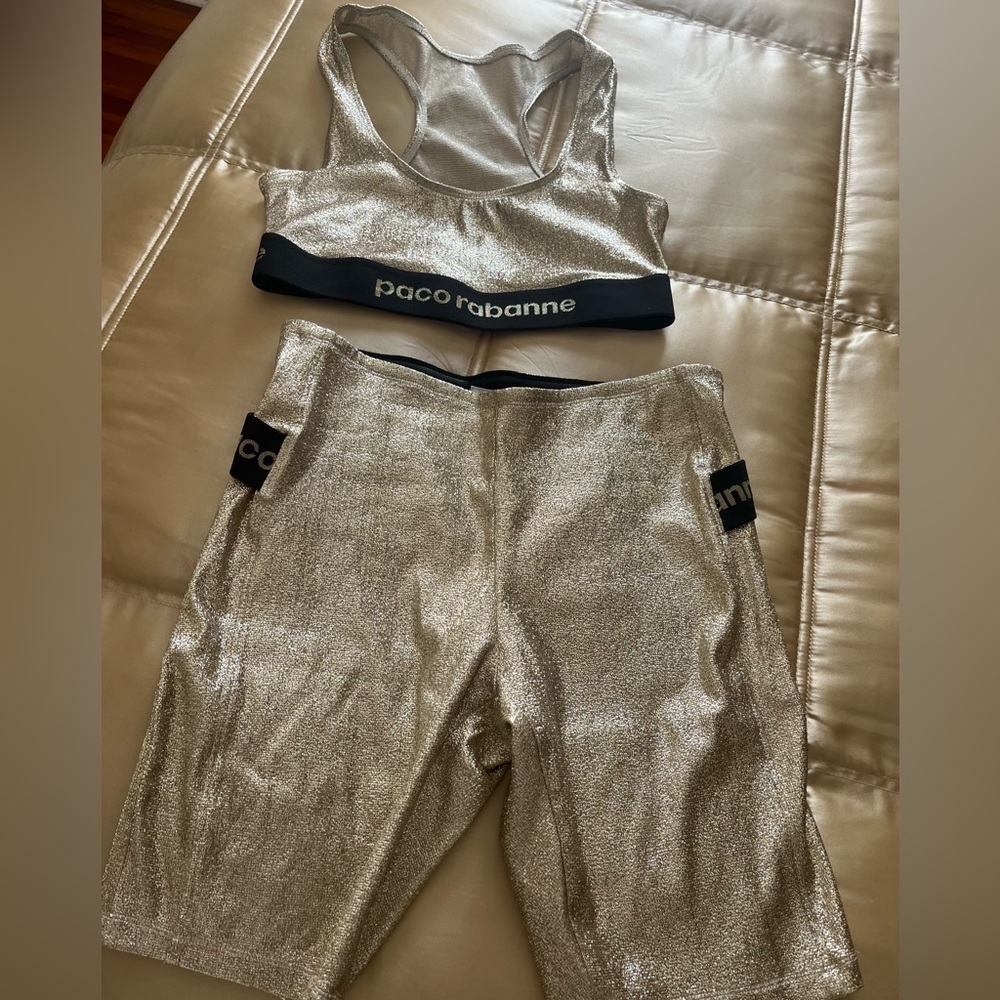 Paco Rabanne 2 piece top and biker shorts, Gold metallic